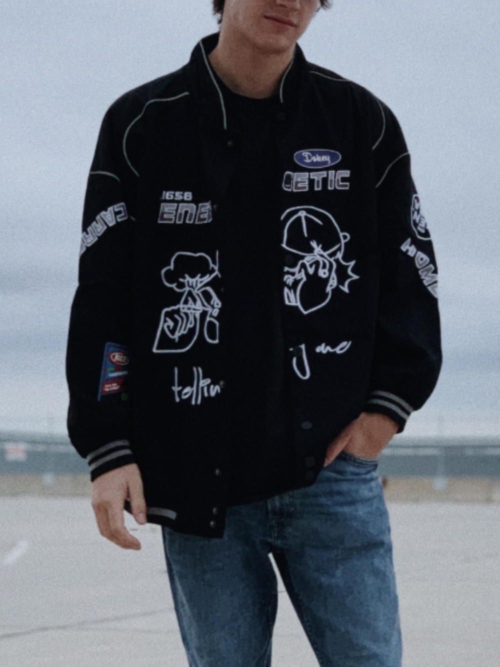 Aelfric Eden Black Varsity Bomber Jacket with White Graphics